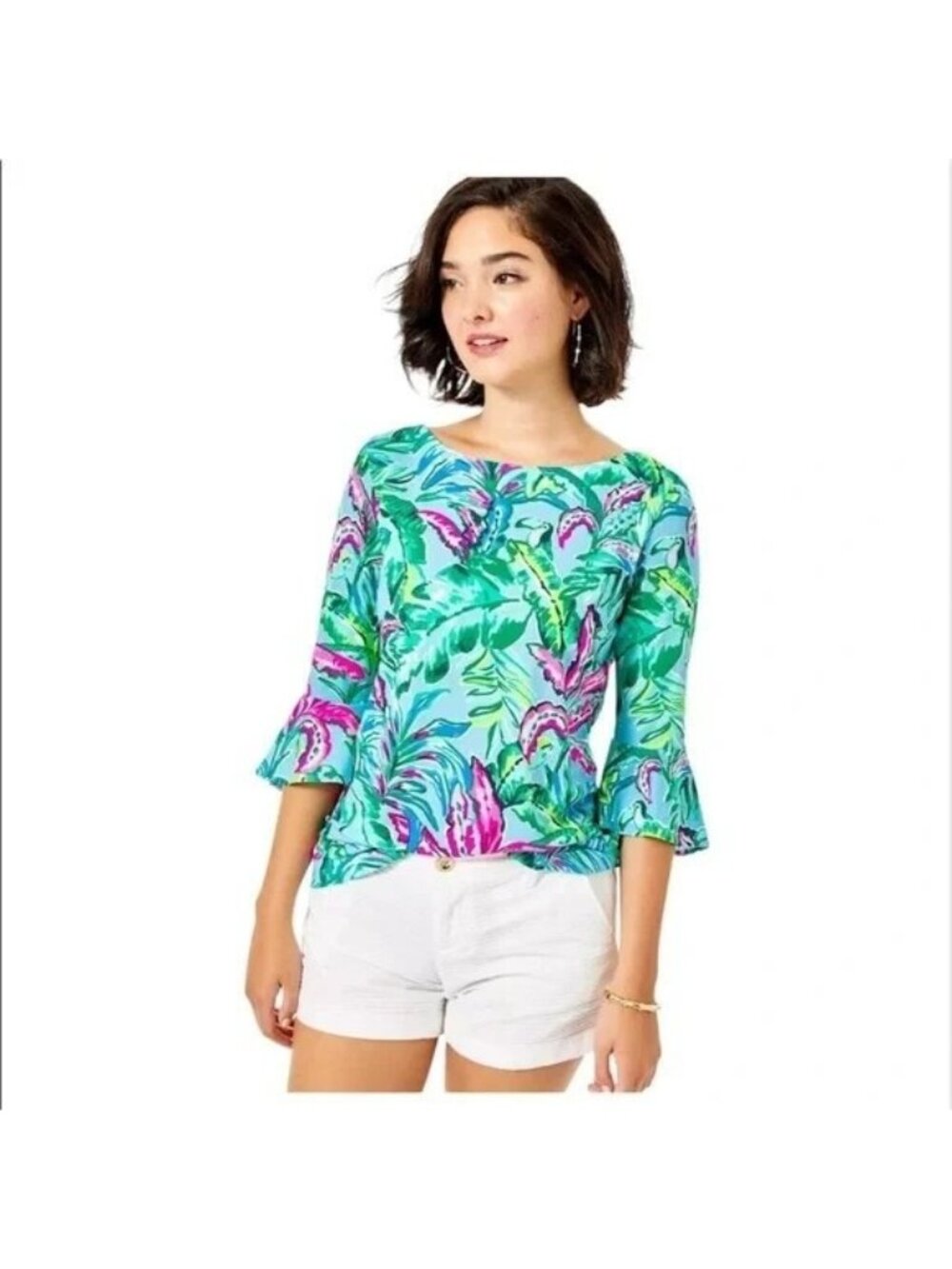 Lilly Pulitzer XS Fontaine Top Cotton Blend 3/4 Sleeve Porto Blue